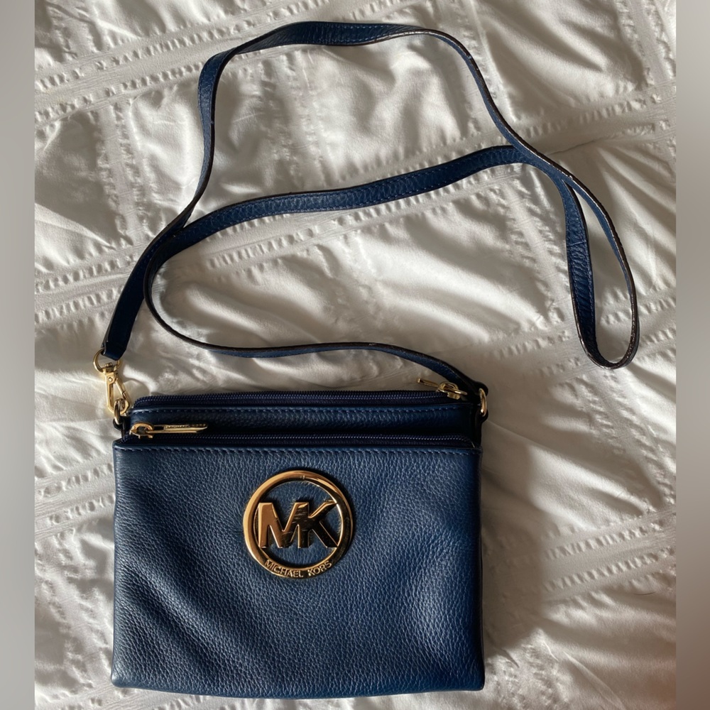 Michael Kors Dark Blue Crossbody Bag with Gold Accents